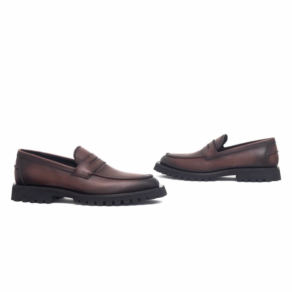 840$ OFFICINE CREATIVE Laboratorio Abstract Brown Leather Penny Loafers 43 US10